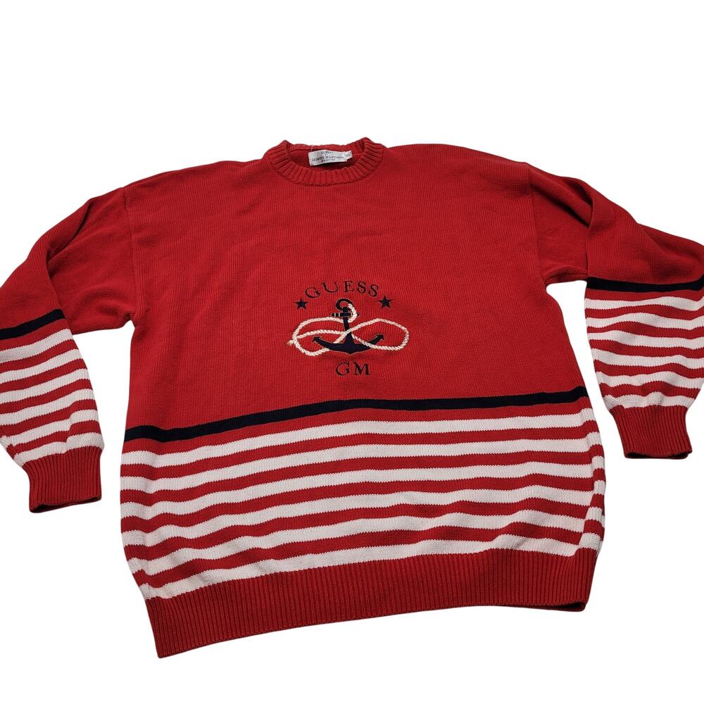 Vintage Guess red nautical fisherman sweater anchor retro striped 80s 90s